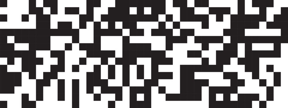 Random black and white pixels background. Square shapes in chaotic arrangement. Abstract mosaic pattern. Destruction, dissolution, disintegration or defragmentation process. Vector illustration