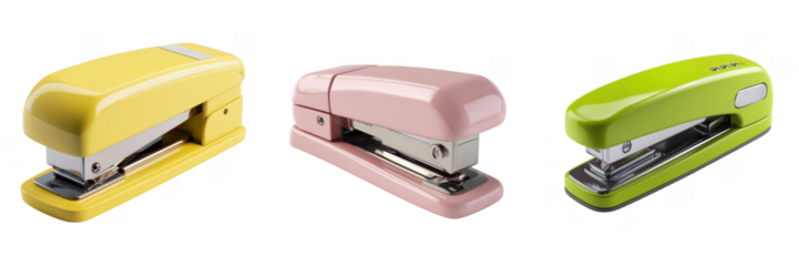 Set Of Colorful Office Staplers With Glossy Plastic Finish In Multiple Modern Colors Isolated on Transparent Background