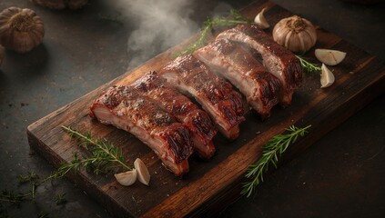 Pork ribs grilled and laid out on a cutting board, highlighting meat processing techniques, National Barbecue Month