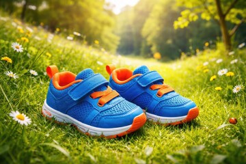 Bright blue and orange toddler shoes on vibrant green grass with nature scene