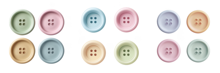 Set Of Colorful Sewing Buttons In Pastel Tones With Four Holes Isolated on Transparent Background