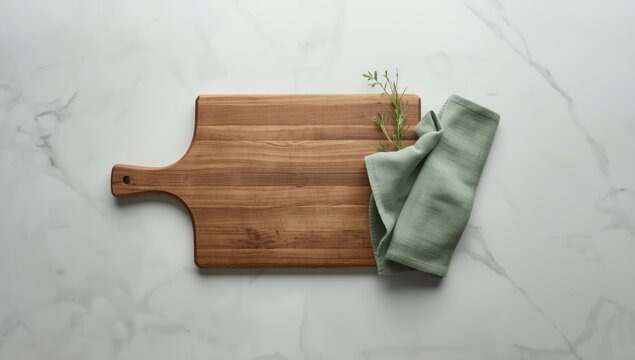 Wood cutting board placed on marble surface with napkin, used for culinary tasks in a modern kitchen