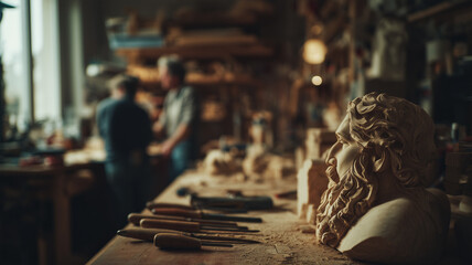 A detailed wood carving of a bearded figure sits on a workbench surrounded by chisels and wood shavings, with artisans working in a blurred background.