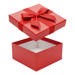 Red gift box with ribbon and bow opened with white inside isolated on transparent background