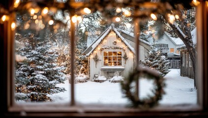 Cozy winter scene viewed through window with holiday lights.