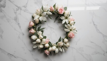 Marble background with a floral wreath, ideal for layout and text overlay uses