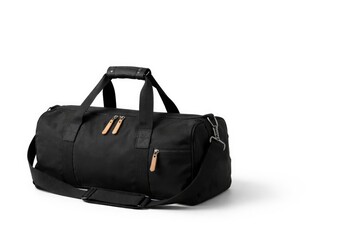 Naklejka premium Durable black duffle bag made of heavy canvas on white backdrop featuring empty copyspace for text