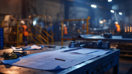 A close-up of architectural blueprints and tools on a metal worktable. In the blurred background, factory workers in safety vests operate in a large-scale manufacturing plant.