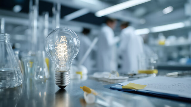 Close-up of an illuminated incandescent light bulb with a visible spiral filament on a stainless steel lab table. Scientists in white coats work in a blurred, modern laboratory background.