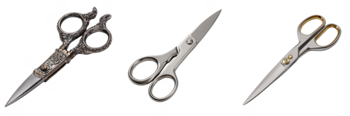 Set Of Decorative And Professional Scissors With Vintage And Modern Metal Designs Isolated on Transparent Background