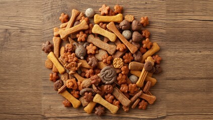 Obraz premium Top-down view of dog chews and snacks organized for feeding or training, highlighting snack diversity and layout, National Dog Day