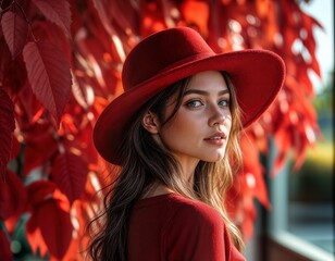 A young woman stands elegantly in a red outfit paired with a stylish hat. She poses gracefully in front of vivid red leaves, capturing the essence of autumn's beauty.