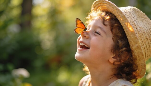 Profile View of a Happy Child in a Straw Hat with a Butterfly on His Nose, Enjoying Nature in a Sunlit Garden.