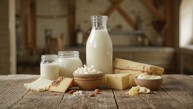Display of healthy dairy foods on a neutral background, ideal for nutrition articles or layout purposes, World Milk Day