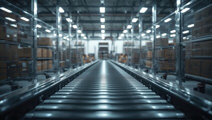 Obraz premium Modern storage warehouse featuring a conveyor belt, emphasizing operational safety and maintenance, Earth Day