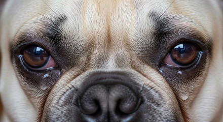 Extreme Close-Up of Sick French Bulldog Eyes Showing Redness and Irritation, Professional 4K Veterinary Medical Photo