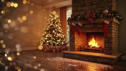 Obraz premium Cozy fireplace with crackling flames and glowing logs, enhancing festive interior design, Christmas celebration