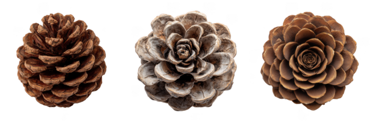 Set Of Decorative Pine Cones In Natural Brown Tones Collection Isolated on Transparent Background