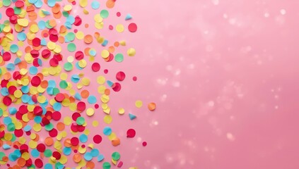 Bright pink backdrop scattered with multicolored confetti circles, designed for postcard use during celebrations
