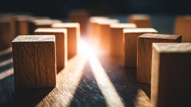 wooden blocks arranged in a strategic path symbolizing a process of critical thinking and planning