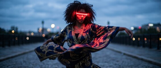 Futuristic woman with an afro hairstyle wearing glowing red LED glasses and a patterned robe moves gracefully on a cobblestone street at night with a cyberpunk aesthetic