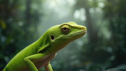 Fototapeta premium Detailed view of a Madagascar gecko Phelsuma clinging to a rough bark, highlighting its coloration for herpetology research, Earth Day