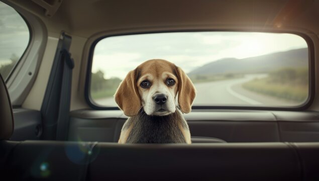 Juvenile dog with pensive gaze on car front seat, highlighting pet restraint and travel safety