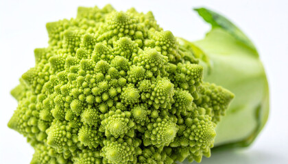 Vibrant Romanesco broccoli showcases natures stunning fractal patterns. This highdetail macro shot on a white background is perfect for healthy eating, culinary arts, and geometry themes.