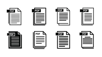 Collection of black and white pdf document icons displayed in various orientations