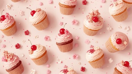 Repeated pastel pink cupcake motif in a seamless 2D pattern, ideal for fabric or wallpaper backgrounds