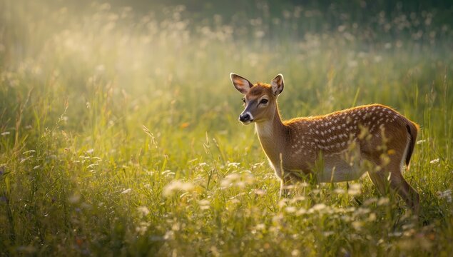 Young deer lying in vibrant summer grass under sunlight, highlighting wildlife preservation, Earth Day - Powered by Adobe