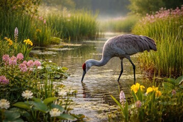 Fototapeta premium Crane feeding in a rich wetland with diverse plant life