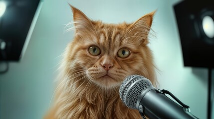 A cat with orange fur sits close to a microphone, looking intently at the camera as if about to speak. Bright lights and a soft background surround the scene in a studio.