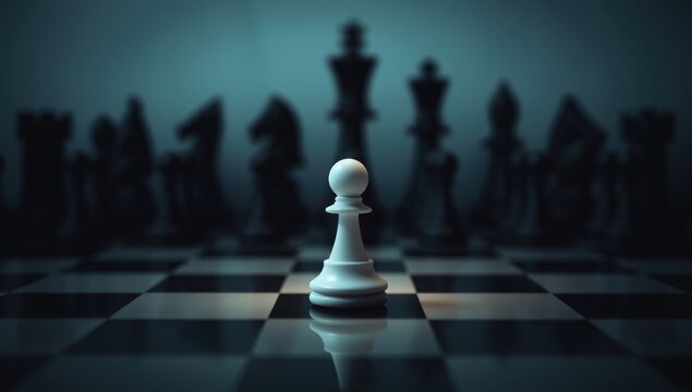 Chess pawn positioned alone on a black and white game board, highlighting tactical decision-making, World Chess Day