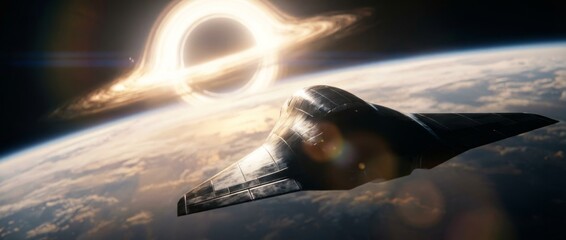 Futuristic black stealth flying wing spacecraft orbits a cloudy exoplanet while approaching a spectacular supermassive black hole with a glowing accretion disk