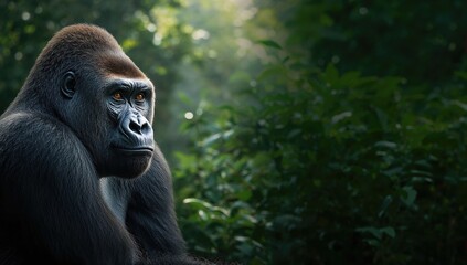Fototapeta premium Gorilla silhouette against lush jungle greenery, illustrating primate behavior in forest environments