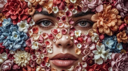 A woman's face is covered with various flowers in shades of pink, white, and orange. The floral arrangement creates a striking visual effect. This artwork explores themes of nature and identity.