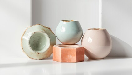 Glazed ceramic handcrafted objects arranged on a white surface, ideal for craft and decor features, World Craft Month