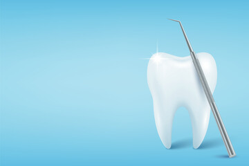 Vector 3d Realistic Tooth. Healthy White Tooth with Dental Probe on Blue Background. Dental Explorer Tool. Oral Care Tooth Concept. Dentist Equipment and Tooth Examination