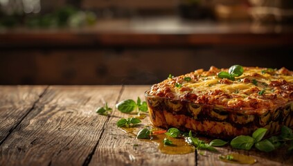 Baked pasta dish featuring thinly sliced aubergines, designed as a hearty vegetarian meal