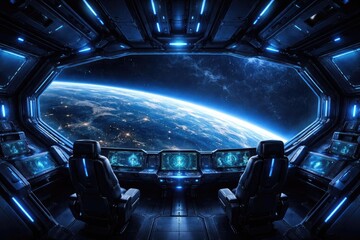 dark blue space cruiser interior featuring a crystal clear window looking at Earth