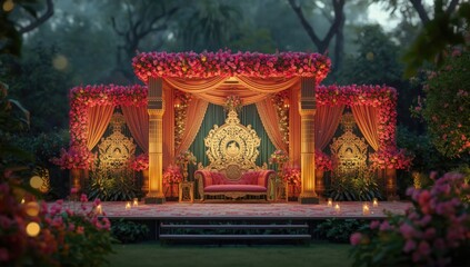 Bangladesh wedding setup with cultural decorations and elaborate textiles, traditional craftsmanship