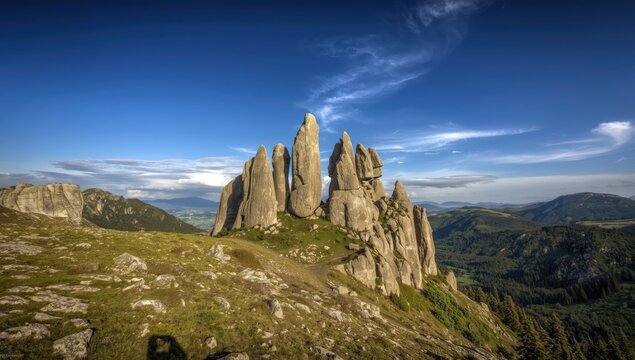 Babele rock formations in the Bucegi Mountains, showcasing weathered stone structures in a mountainous landscape