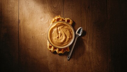 Fototapeta premium Clear bowl containing peanut butter with a spoon on a waffle, focusing on ingredient handling, World Food Day