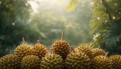 Cluster of durian fruits arranged for a healthy food themed wallpaper, highlighting spiky outer shell details