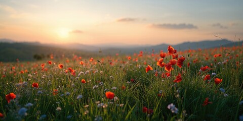 Wildflower scene with red poppies and anemones in lush grass, ideal for nature photography or outdoor layouts