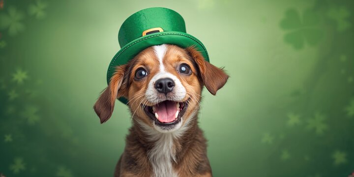 Close-up of a dog in a leprechaun hat for St. Patrick's Day, highlighting seasonal pet costumes, holiday celebration
