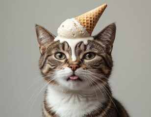 A cat with an ice cream cone on its head is sitting in a light room. The ice cream is melting and dripping down the cat's face. The cat looks surprised and is opening its mouth.