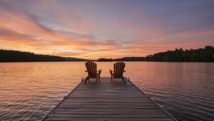 Pair of wooden chairs on a lakeside pier during sunset in Finland, suitable for leisure seating