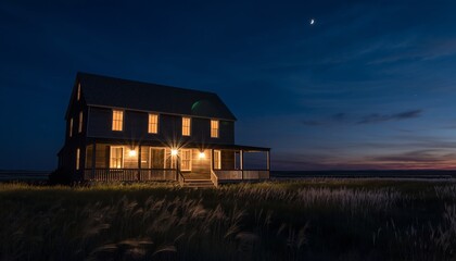 Remote two-story wooden house with illuminated windows and a porch stands in a vast grassy field at night under a dark blue sky with a crescent moon and stars